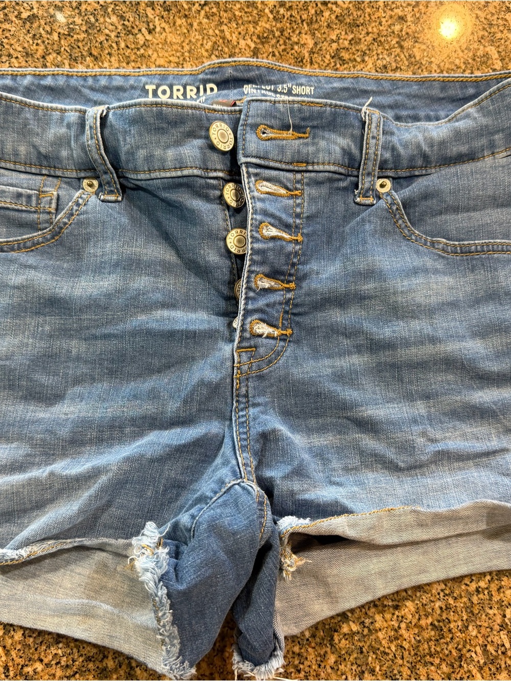 torrid Medium Blue Button-Fly Distressed Denim Shorts